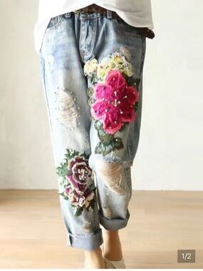 Ursime Flower Embroidery Ripped Pearl Decor Boho Boyfriend Style Denim Jeans M